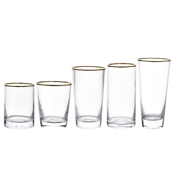 Bicchieri vintage a costine Set con bordo dorato Caraffa per vino in vetro trasparente per acqua Bicchiere highball vecchio stile per bar di casa Hotel
