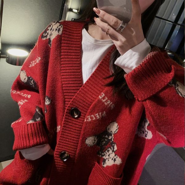 

luxury women's jackets little bear sweater coat women's medium length loose 2021 spring korean net red v-neck knitted cardigan, Black;brown