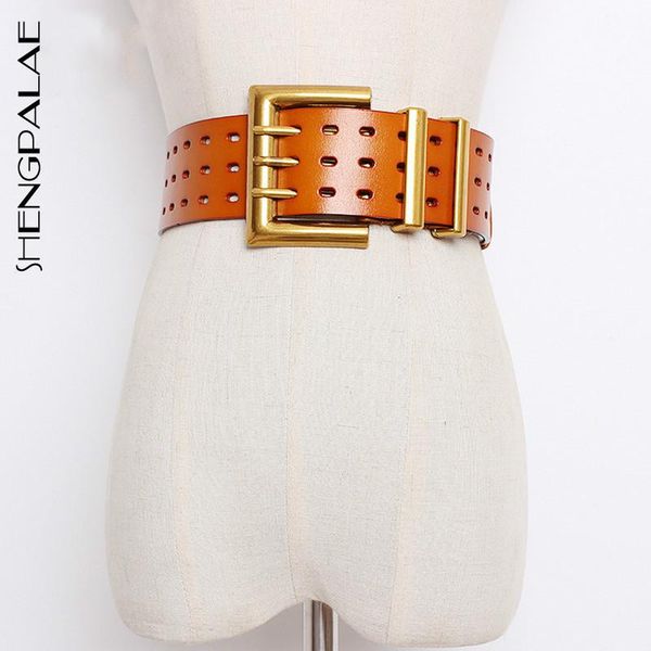 

belts shengpalae 2021 genuine leather belt female vintage metal buckle wide waistband women designer brand lady pe153, Black;brown