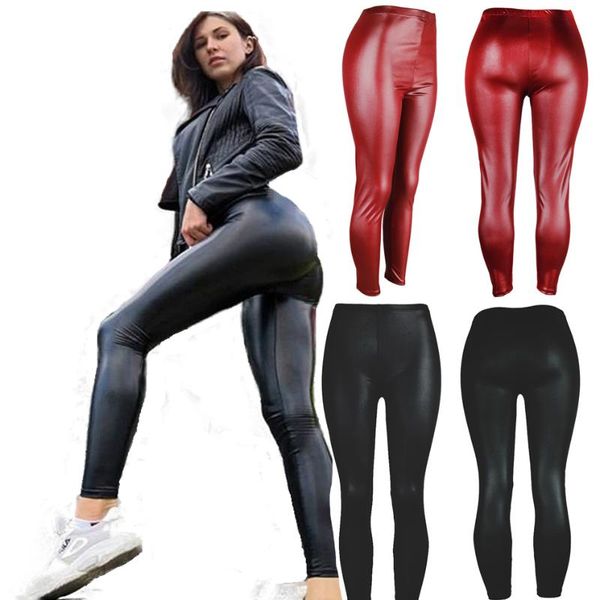 

women's leggings bottoming leather pants 2021 fashion imitation stretch plus size nine-point pencil, Black