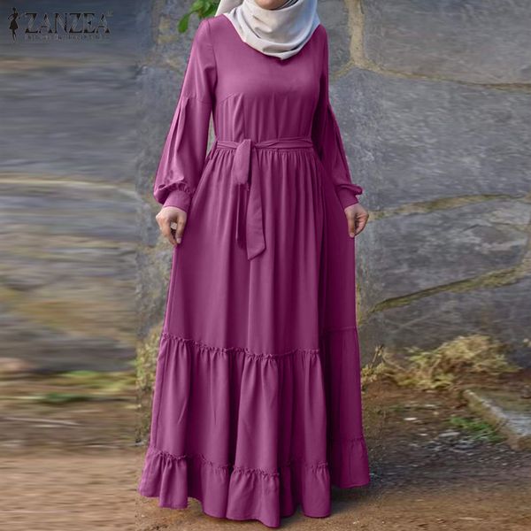 

zanzea lace up ruffles sundress muslim fashion vintage solid dresses abaya turkey hijab dress spring long sleeve kaftan vestido, Red