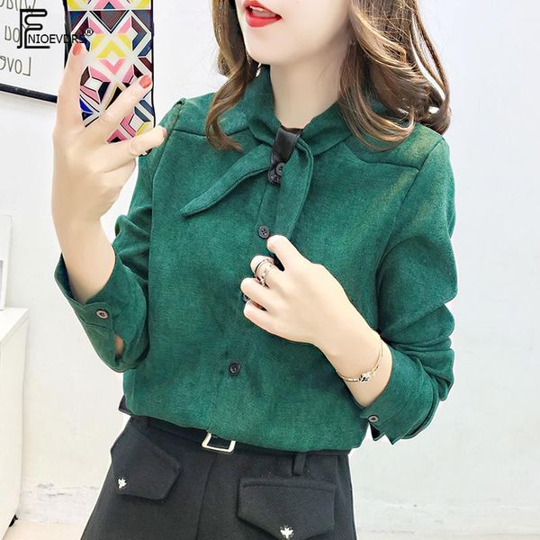 

women's blouses & shirts 2021 spring basic women fashion long sleeve elegant bow tie office lady work green blue red button shirt d825, White