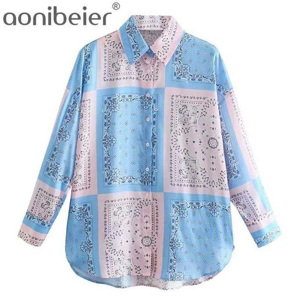 Azul cor-de-rosa bateu cor impresso verão mulheres solta camisa moda ombro alto baixo hem fêmea verificado longo tops 210604