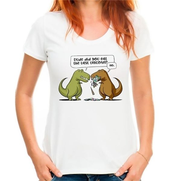 Dinosaurier essen das letzte Pferd lustige T-Shirt Frauen neue weiße lässige atmungsaktive T-Shirt Femme Kurzarm T-Shirt für Mädchen 210324