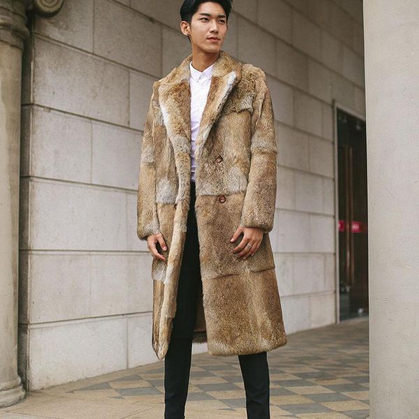 

women's fur & faux natural leather jacket men fashion real whole skin coats long men's overcoat outerwear vip, Black