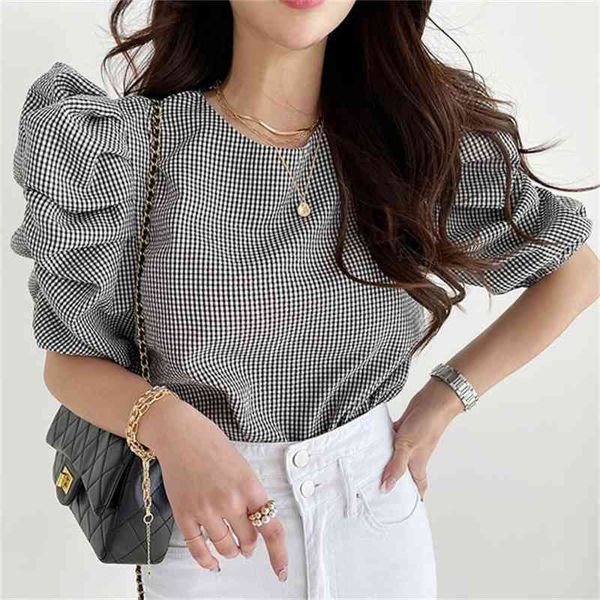 

women's knits & tees streetwear plaid lantern sleeves girls prom gentle lady femme plus size sweet chic all match stylish new, White