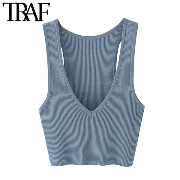 

traf women fashion deep v neck cropped knitted vest sweater vintage stretchy slim female waistcoat chic 211106, Black;white