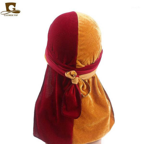 

velvet stretchable worship wish bandanas wide straps durag double color splice long tail headband1
