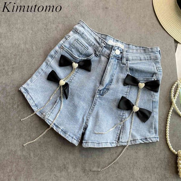 

kimutomo bow decoration jeans women loose summer high waist slim a line wide leg denim shorts korean ins fashion 210521, White;black