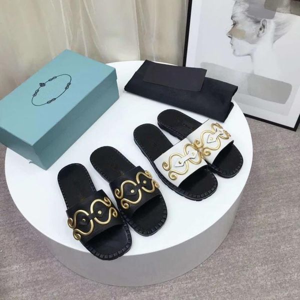 

women slippers metal decoration outdoor inside comfortable genuine leather flat pure color runway look luxury bran, Black