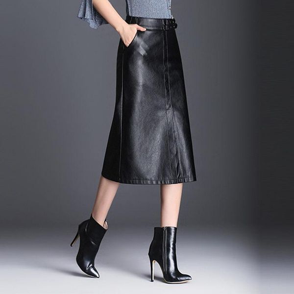 

skirts pocket leather skirt mid-length 2021 autumn and winter pu large size simple women clothes casual slim black saias f2914