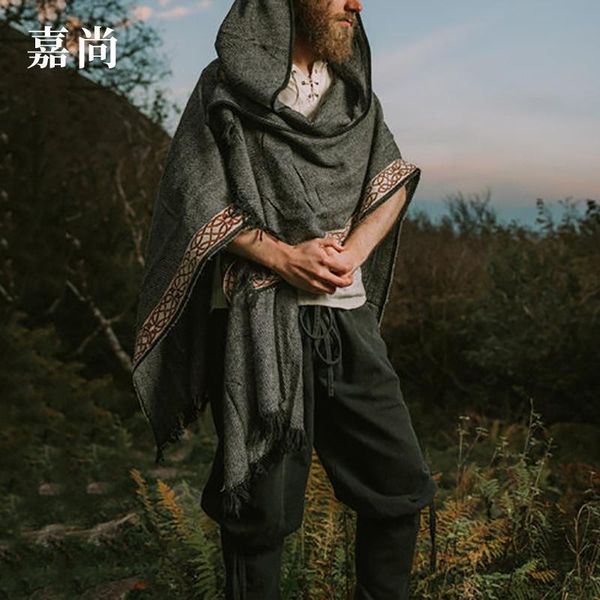 

men's wool & blends 2021 men cloak coat hooded pullover vintage cape striped streetwear autumn winter short poncho overcoat s to xxxl, Black