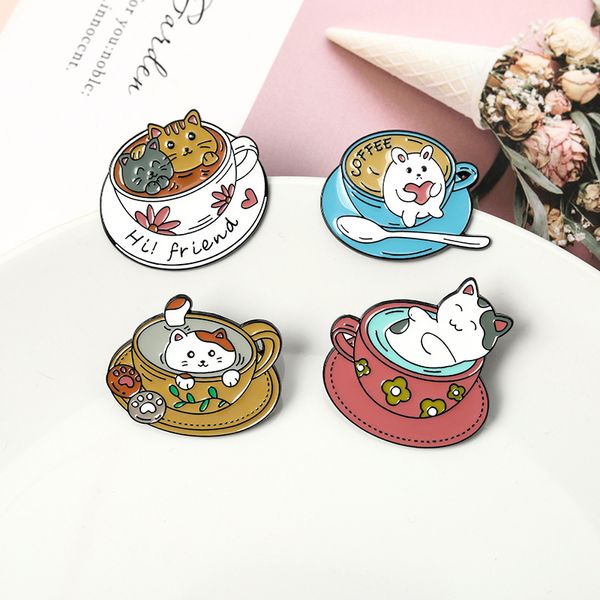 Copo Gato Esmalte Pin Bonito Gatos Café Bolha Saco Roupas Lapela Pins Gatinho Café Badge Animal Jóias Presente Para Crianças Amigos