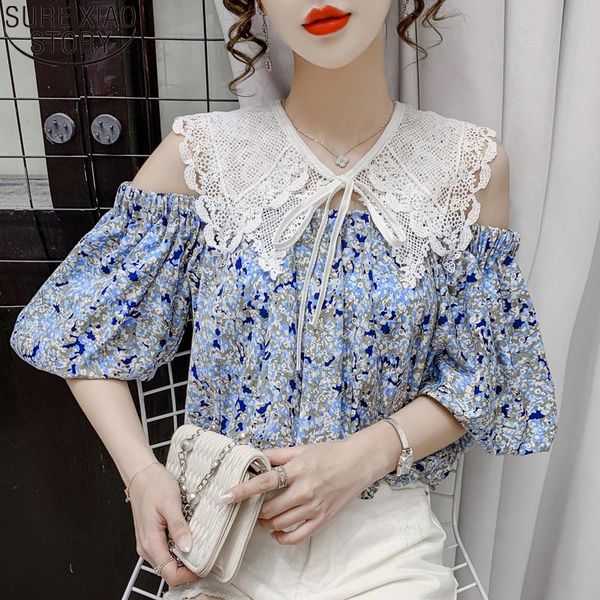 

women's blouses & shirts fashion lace collar stitching chiffon blouse women 2021 summer french style temperament off shoulder shir, White