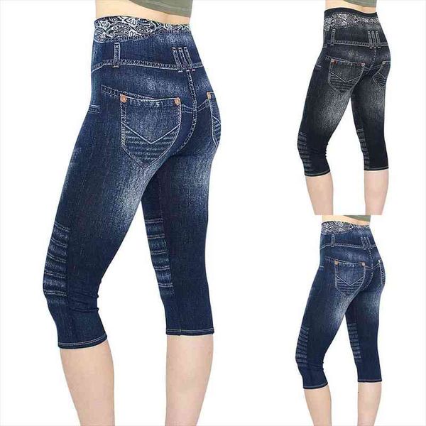 

faux jeans leggings women stretch printed short leggins plus size calf-length pants summer breeches high waist jeggings drop, Black
