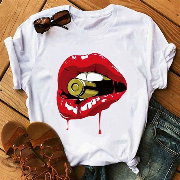 Женская футболка леди футболки, лето с женской косульки Дамски, Хараджуку, губная помада Сексуальные губы футболка 
