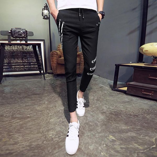 

men's pants summer men fashion 2021 streetwear print casual slim fit ankle length simple all match young man trousers 34, Black