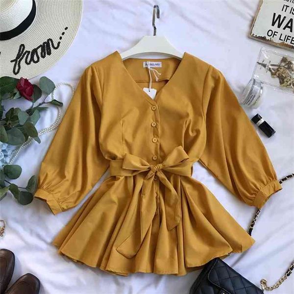 

spring summer korea v-neck single breasted casual blouse women half lantern sleeve shirts g286 210527, White