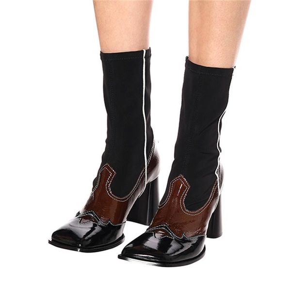

boots patchwork square toe women elastic high heel ankle leather chunky autumn shoes ladies party botas qs9s, Black