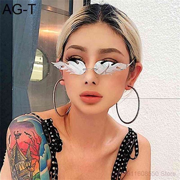 

luxury fashion fire flame women sunglasses retro rimless wave sun glasses metal shades for eyewear uv400, White;black