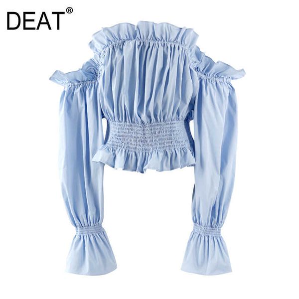 

[deat] spring summer fashion solid color slash neck flare sleeve elastic waist elegant women shirt 13c814 210527, White