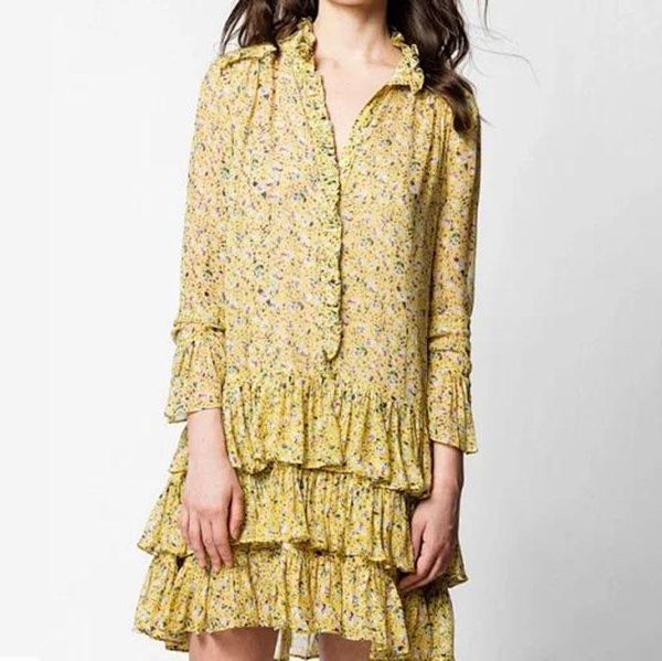 

casual dresses 2021 early autumn yellow floral layered ruffled long-sleeved silk dress, Black;gray