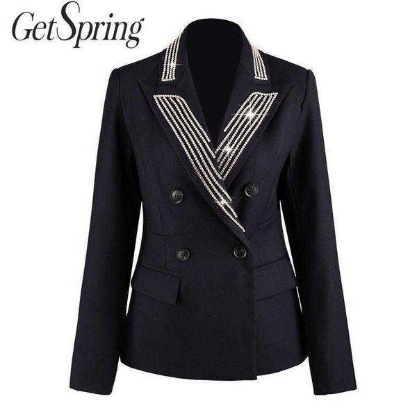 

getspring women blazer double breasted long sleeve ladies black coat drill women's slim suit jacket autumn winter 210601, White;black