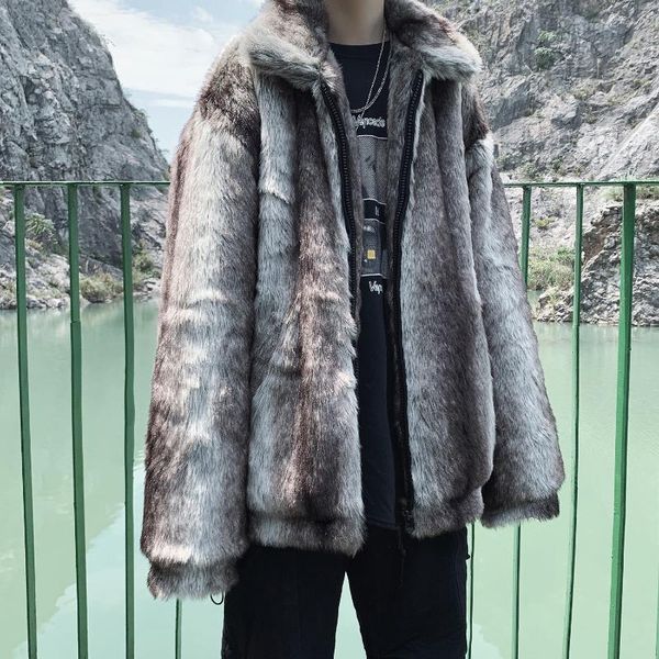

men's fur & faux jacket brown winter men striped mountain carving imitation loose thickened coat mens chaquetas hombre, Black