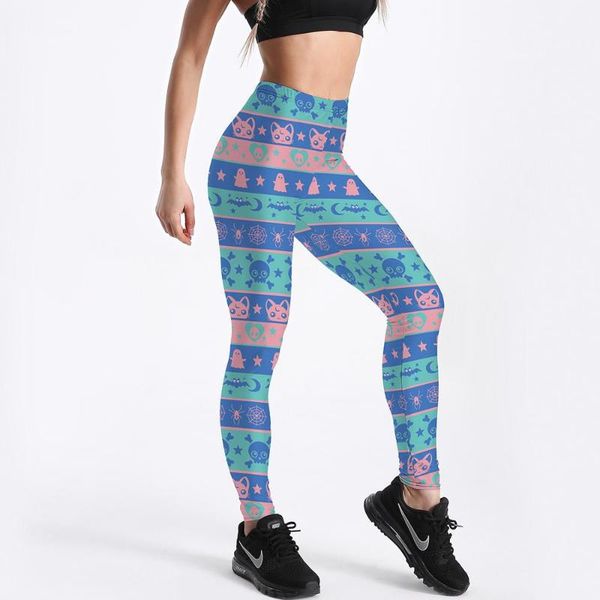 

women's leggings qickitout fitness women workout push up legging fashion digital print cute skull cat blue pink stripes jeggings pants, Black