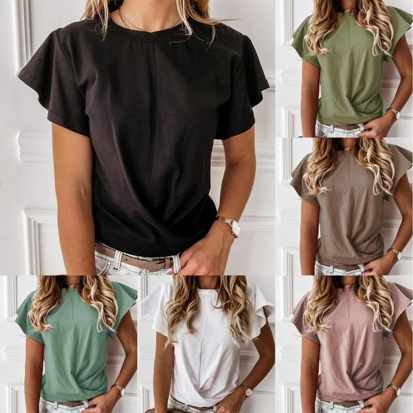 

women's blouses & shirts korean clothes blouse casual fashion solid color round neck ruffle short sleeve elegant office lady shirt, White