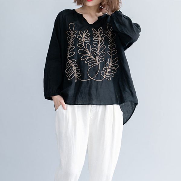 

t shirts spring arts style women 3/4 sleeve loose t-shirt vintage embroidery v-neck cotton linen tee shirt femme big size m574 bzk4, White