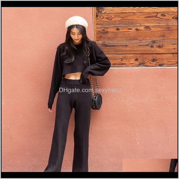 

tracksuits clothing apparel drop delivery 2021 womens fashionable knitted 2 piece set solid batwing sleeve crop knitting pullover sweaters e, Gray