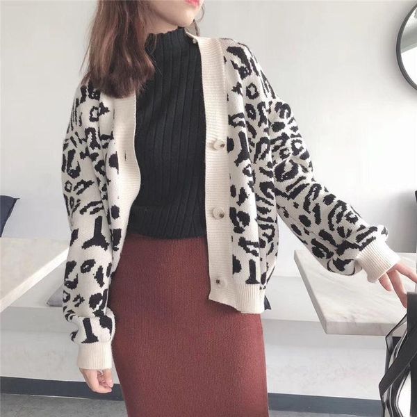 

women's sweaters hzirip knitted sweater 2021 autumn winter wild fashion women leopard soft loose cardigan casual clothing, White;black