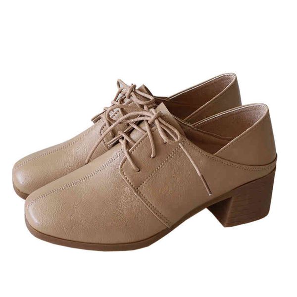 

women 2021 new casual british style single shoes female mid thick heel lace up solid small college retro work, Black
