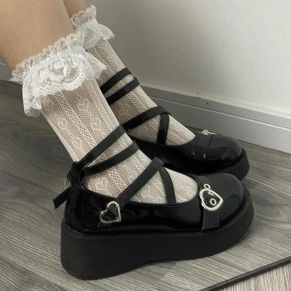

dress shoes platform lolita on heels for women 2022 loli thick heel cross bandage kawaii cosplay mary jane, Black