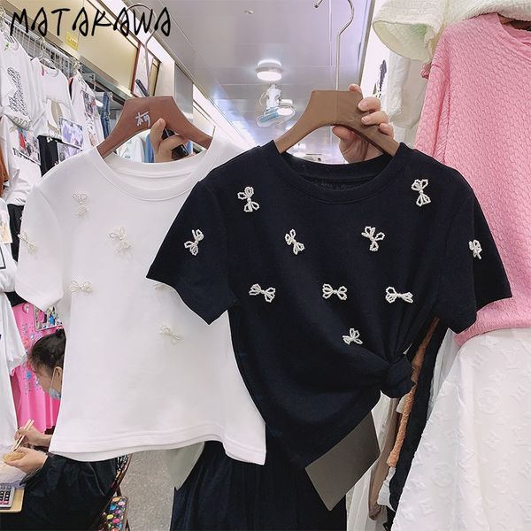 

matakawa short slim pearl bow woman tshirts bottoming o-neck t-shirt women ins sweet short-sleeved t shirt for women 210513, Blue