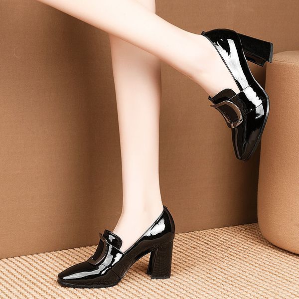 

shoes patent leather high heels woman work shoes women pumps block heel square toes deep footwear black wine-red 68p5