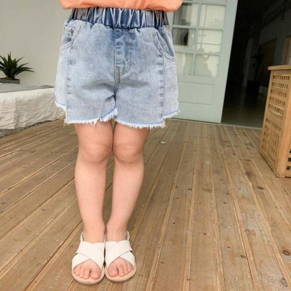 

shorts spring / summer children's pants cotton mid-waist solid color pocket elastic band raw edge denim girl, Black