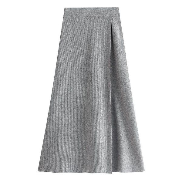 

skirts winter elegant korean style cashmere blend rib knitted long skirt retro side split a-line ankle knit gray apricot, Black
