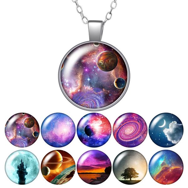 

night sky scenery planet out space moon round pendant necklace 25mm glass cabochon silver plated jewelry women birthday gift