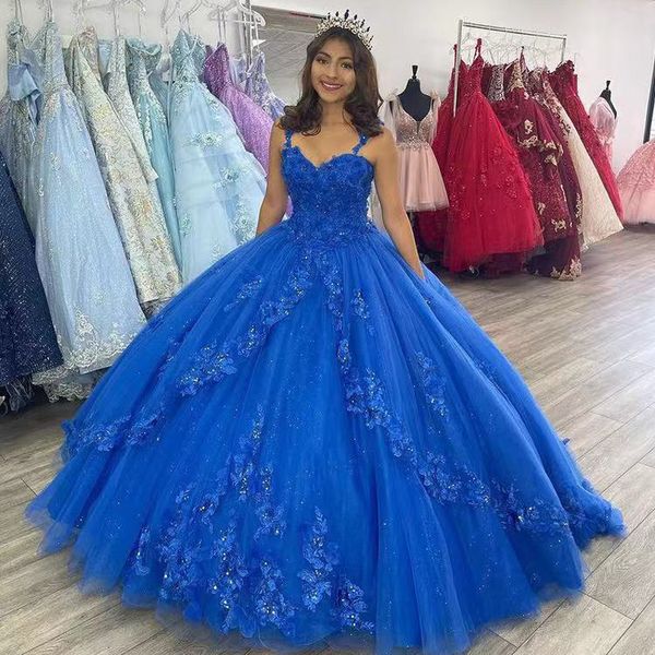 Azul Spaghetti Strap Quinceanera Vestidos Lace Appliques Tier Ball Vestido Promovo Vestido Espartilho Up Lantejoula Júnior Aniversário Doce 15 Vestido