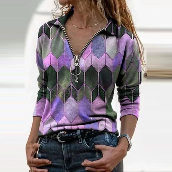 

women's blouses & shirts ladies shirt loose blouse zippers print plaid women clothing office spring lady v-neck long sleeves female cas, White