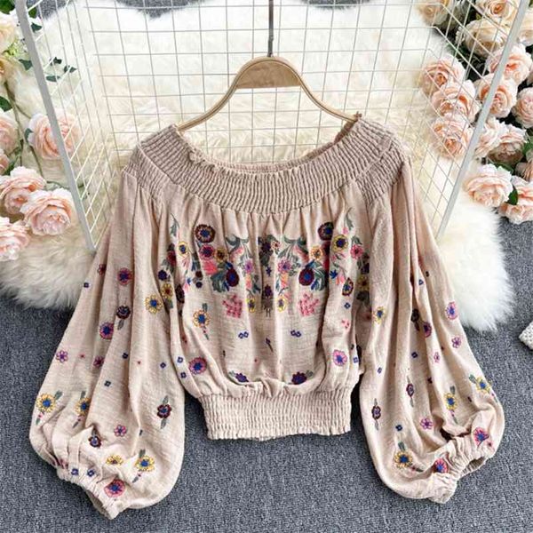 

short boho blouse floral embroidery off shoulder summer crop long sleeve chic shirt women blouses hippie blusas 210514, White;black