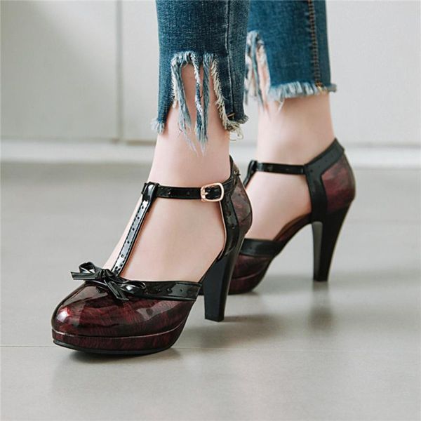 

dress shoes lolita black high heels women pumps buckle t-strap bow round toe lady plus size 33 44 45 46