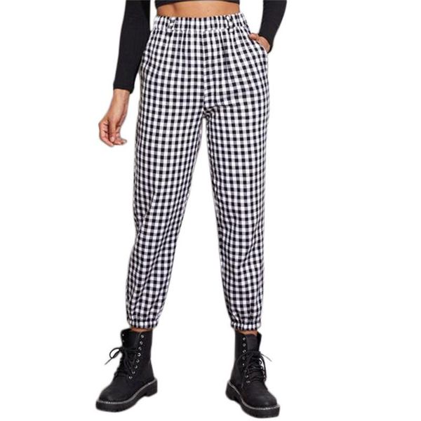 

women's pants & capris fashion women gingham plaid elastic hight waist joggers sport trousers casual ladies pencil, Black;white