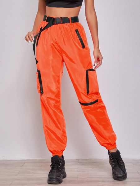 

neon orange zipper patch pocket push buckle belted wind joggers b5ky#, Black;white