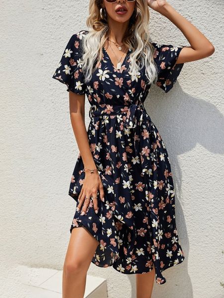 

flutter sleeve belted dress f5t4#, Black;gray