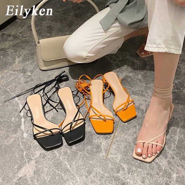 

eilyken new fashion narrow band gladiator women sandals low thin heel ankle lace up summer outdoor open toe cross strap slides y0721, Black