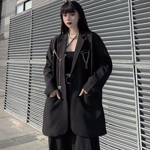 

women's suits & blazers harajuku autumn women jackets black oversized gothic punk hip hop solid vintage blazer coats chic chain loose s, White;black