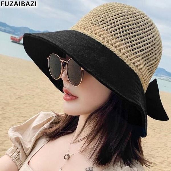 

wide brim hats fuzaibazi panama ladies cap trend summer fashion bowknot bucket hat for women's breathable mesh sun-protection sombreros, Blue;gray